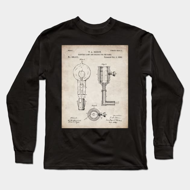 Light Bulb Patent - Edison Invention Industrial Design Art - Antique Long Sleeve T-Shirt by patentpress